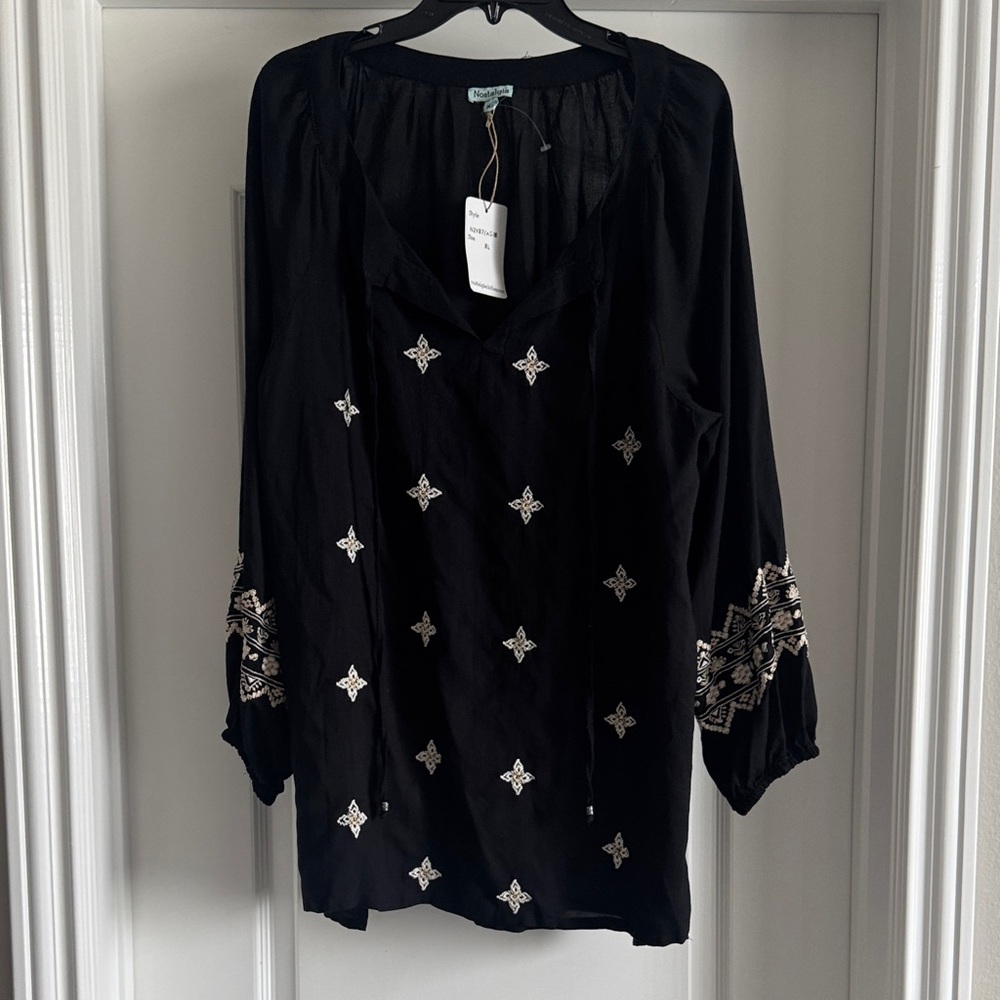Embroidered Black Peasant Blouse with Metallic Accents